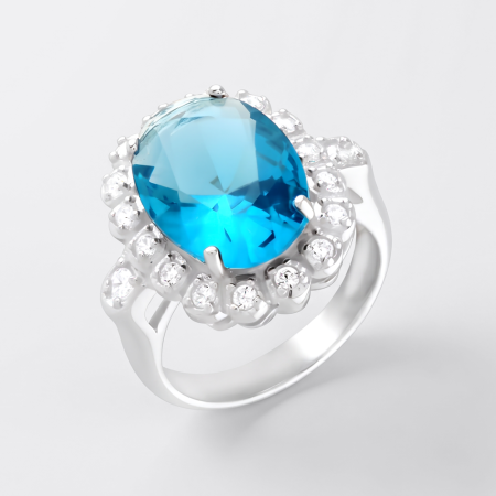 STERLING SILVER 925 RING OVAL BLUE GEM HALO WITH CLEAR GEMS