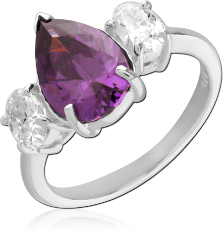 STERLING SILVER 925 RING PEAR GEM WITH ROUND CLEAR SIDE STONES
