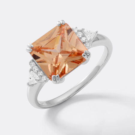 STERLING SILVER 925 RING PRINCESS CUT ORANGE GEM WITH TRIANGULAR CLEAR ACCENTS