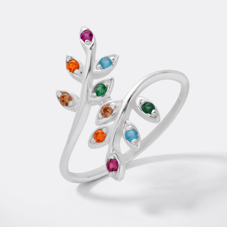 STERLING SILVER 925 RING OPEN LEAF BRANCH WITH MULTI COLOR ROUND GEMS