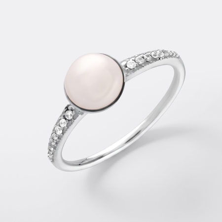 STERLING SILVER 925 RING WHITE PEARL CABOCHON WITH PAVE CLEAR SHOULDERS