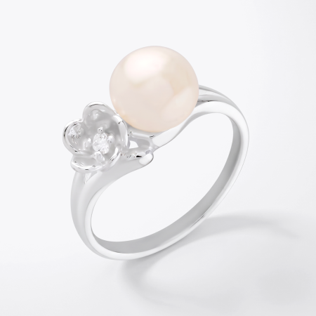 STERLING SILVER 925 RING WHITE PEARL WITH FLOWER ACCENT AND CLEAR GEM