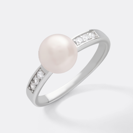 STERLING SILVER 925 RING PEARL CENTER WITH CHANNEL SET SIDE CLEAR GEMS
