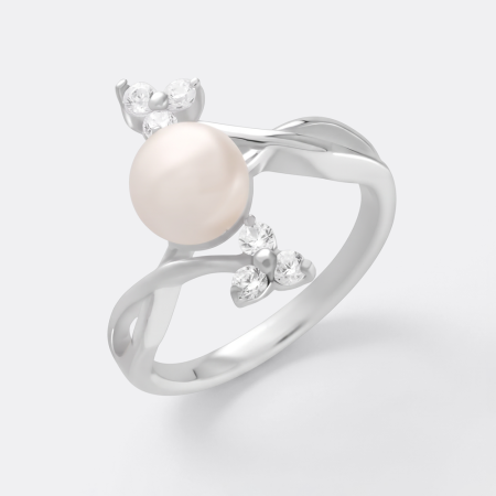 STERLING SILVER 925 RING PEARL CENTER WITH TRIO CLUSTER CLEAR GEMS