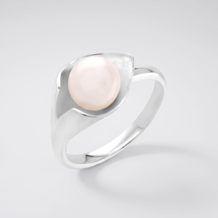 STERLING SILVER 925 RING PEARL CENTER ASYMMETRIC SHIELD WITH TEXTURED ACCENT DESIGN