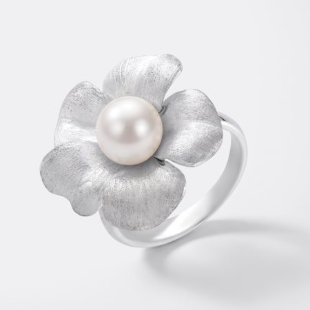 STERLING SILVER 925 RING PEARL CENTER WITH BRUSHED FLOWER PETAL DESIGN