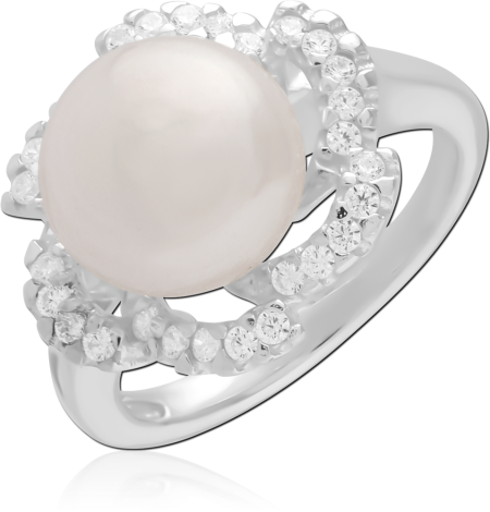 STERLING SILVER 925 RING PEARL CENTER WITH DOUBLE HALO CLEAR GEMS