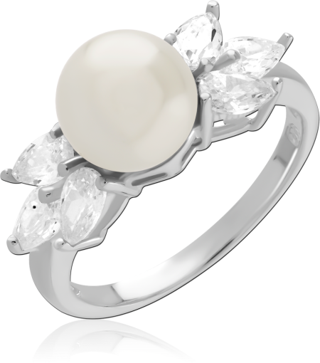 STERLING SILVER 925 RING PEARL CENTER WITH MARQUISE LEAF CLUSTER CLEAR GEMS