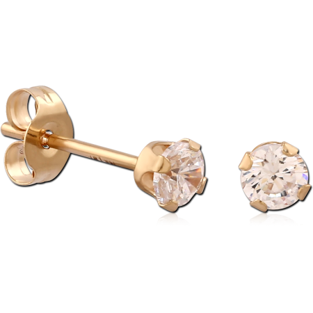 14K GOLD STUD EARRINGS ROUND CZ THREE PRONG