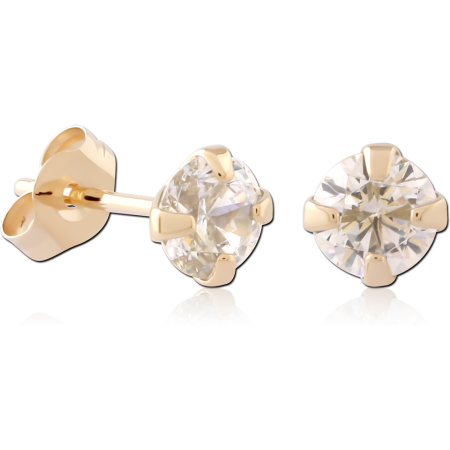 14K GOLD STUD EARRINGS ROUND CZ SIX PRONG