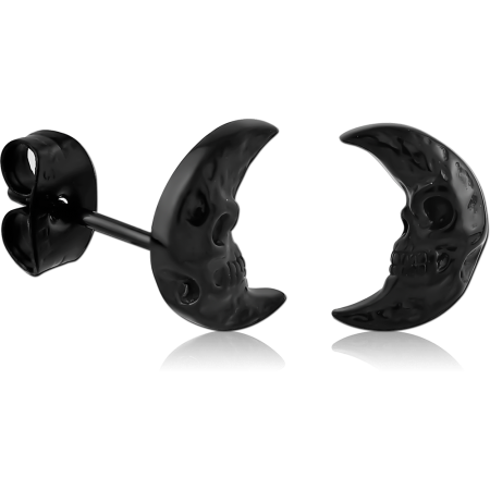 BLACK PVD COATED SURGICAL STEEL STUD EARRINGS CRESCENT MOON SKULL DESIGN