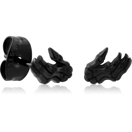 BLACK PVD COATED SURGICAL STEEL STUD EARRINGS SKELETON CLAW HAND DESIGN