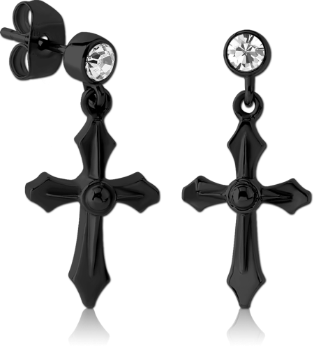 BLACK PVD COATED SURGICAL STEEL STUD EARRINGS CROSS DANGLE BEZEL SET CLEAR GEM