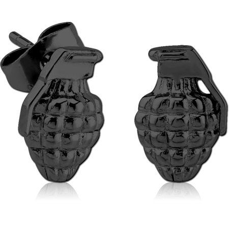BLACK PVD COATED SURGICAL STEEL EAR STUDS PAIR - GRENADE