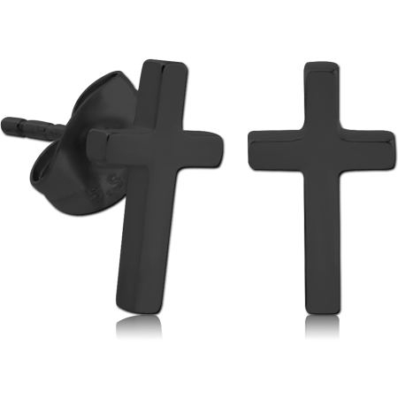 BLACK PVD COATED SURGICAL STEEL STUD EARRINGS PLAIN CROSS MINIMAL DESIGN