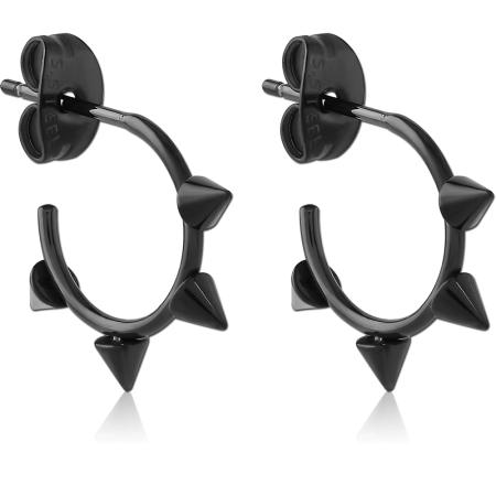 BLACK PVD COATED SURGICAL STEEL STUD EARRINGS SPIKE HOOP WITH DANGLE SPIKE