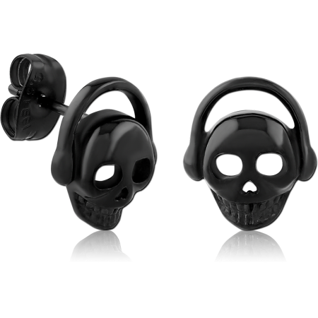 BLACK PVD COATED SURGICAL STEEL STUD EARRINGS SKULL WITH HEADPHONES DESIGN