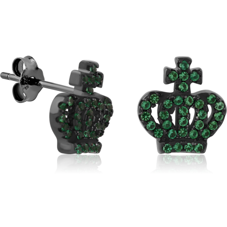 BLACK PVD COATED STERLING SILVER 925 STUD EARRINGS CROWN GREEN GEMS PAIR