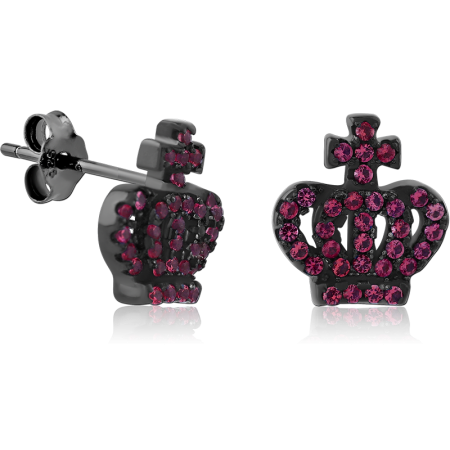BLACK PVD COATED STERLING SILVER 925 STUD EARRINGS CROWN PINK GEMS PAIR