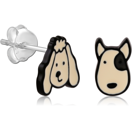 BLACK PVD COATED STERLING SILVER 925 STUD EARRINGS DOG FACES ENAMEL PAIR