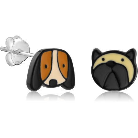 BLACK PVD COATED STERLING SILVER 925 STUD EARRINGS DOG AND CAT FACES ENAMEL PAIR