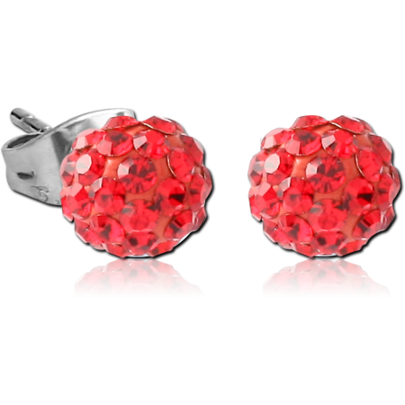 ROUND PAVE CRYSTAL BALL STUD EARRINGS RED PAIR