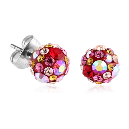 SURGICAL STEEL STUD EARRINGS PAIR CRYSTAL BALL MULTICOLOR PAVE GEMS