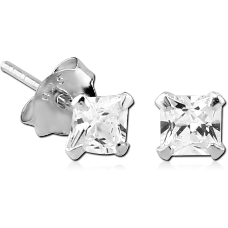 STERLING SILVER 925 STUD EARRINGS SQUARE PRONG SET CLEAR GEM PAIR