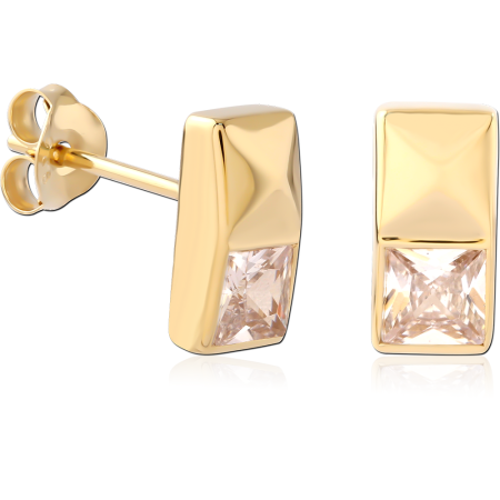 GOLD PLATED 14K STERLING SILVER 925 STUD EARRINGS RECTANGULAR BAR PRINCESS CUT GEM
