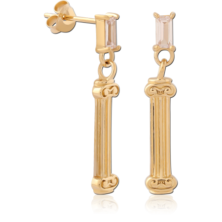 GOLD PLATED 14K STERLING SILVER 925 DROP EARRINGS BAGUETTE GEM WITH COLUMN CHARM