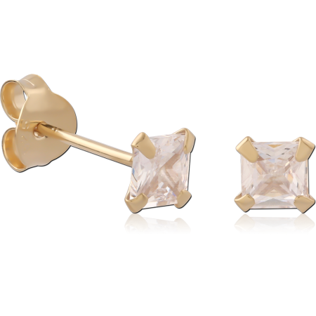 GOLD PLATED 18K STERLING SILVER 925 STUD EARRINGS PAIR PRONG SET SQUARE GEM
