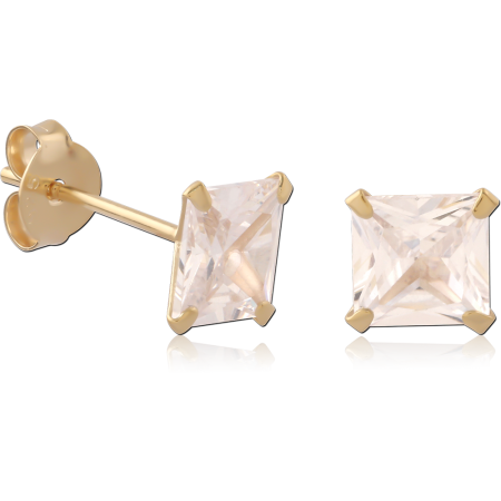 GOLD PLATED 18K STERLING SILVER 925 STUD EARRINGS PAIR PRINCESS CUT GEM