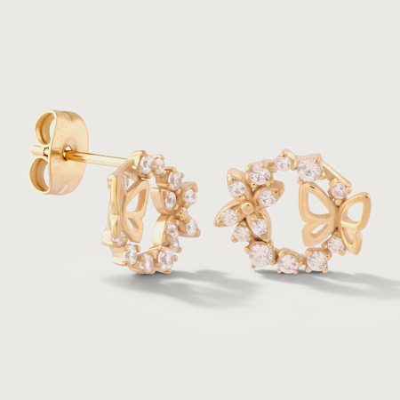 GOLD PVD 18K COATED SURGICAL STEEL STUD EARRINGS BUTTERFLY WREATH GEMS
