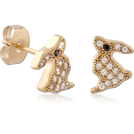 GOLD PVD 18K COATED SURGICAL STEEL STUD EARRINGS BUNNY PAVE GEMS