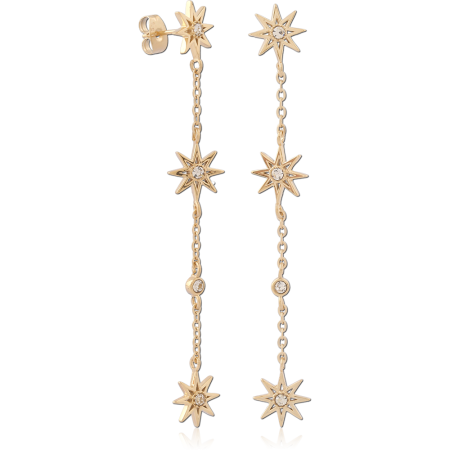 GOLD PVD 18K COATED SURGICAL STEEL DROP STUD EARRINGS STAR CHAIN GEMS