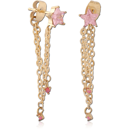 GOLD PVD 18K COATED SURGICAL STEEL DROP STUD EARRINGS PINK STAR GEM CHAINS