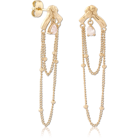GOLD PVD 18K COATED SURGICAL STEEL DROP STUD EARRINGS BOW AND TEARDROP GEM CHAINS