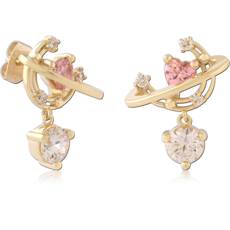 GOLD PVD 18K COATED SURGICAL STEEL STUD EARRINGS ORBIT HEART GEM WITH DANGLE