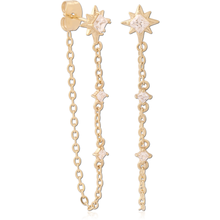 GOLD PVD 18K COATED SURGICAL STEEL DROP STUD EARRINGS STAR AND SQUARE GEMS CHAIN