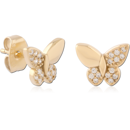 GOLD PVD 18K COATED SURGICAL STEEL STUD EARRINGS BUTTERFLY PAVE GEMS