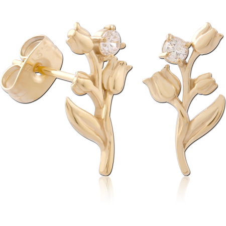 GOLD PVD 18K COATED SURGICAL STEEL STUD EARRINGS FLORAL BRANCH GEM