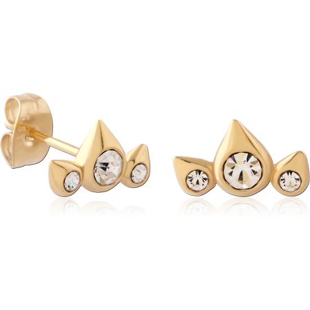 GOLD PVD 18K COATED SURGICAL STEEL STUD EARRINGS CROWN CLUSTER GEMS