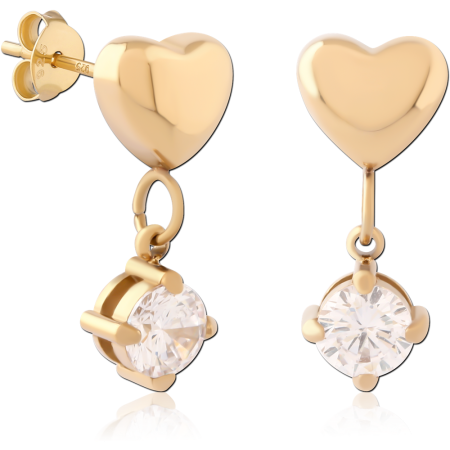GOLD PVD 18K COATED SURGICAL STEEL STUD EARRINGS HEART DANGLE GEM