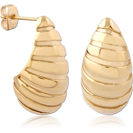 GOLD PVD 18K COATED SURGICAL STEEL STUD EARRINGS RIBBED TEARDROP
