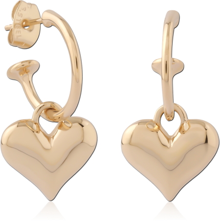 316L GOLD PVD 18K COATED SURGICAL STEEL HOOP EARRINGS PAIR WITH HEART CHARMS