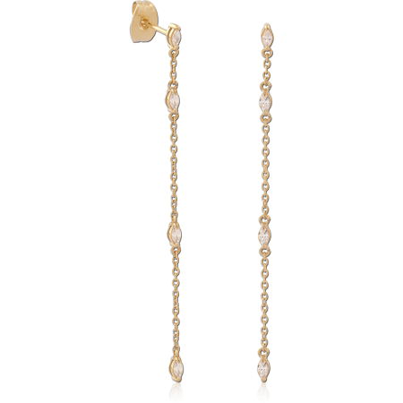 GOLD PVD 18K COATED SURGICAL STEEL STUD EARRINGS MARQUISE GEM CHAIN DROP