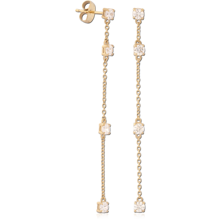GOLD PVD 18K COATED SURGICAL STEEL STUD EARRINGS ROUND GEM CHAIN DROP