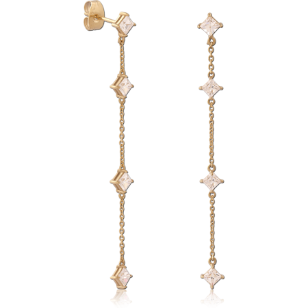 GOLD PVD 18K COATED SURGICAL STEEL STUD EARRINGS SQUARE GEM CHAIN DROP