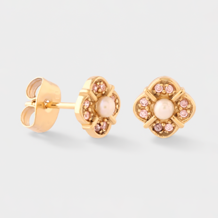 GOLD PVD 18K COATED SURGICAL STEEL STUD EARRINGS FLOWER PINK GEM AND PEARL