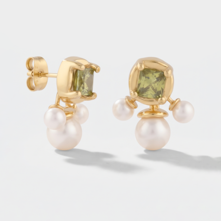 GOLD PVD 18K COATED SURGICAL STEEL STUD EARRINGS SQUARE GREEN GEM THREE PEARLS